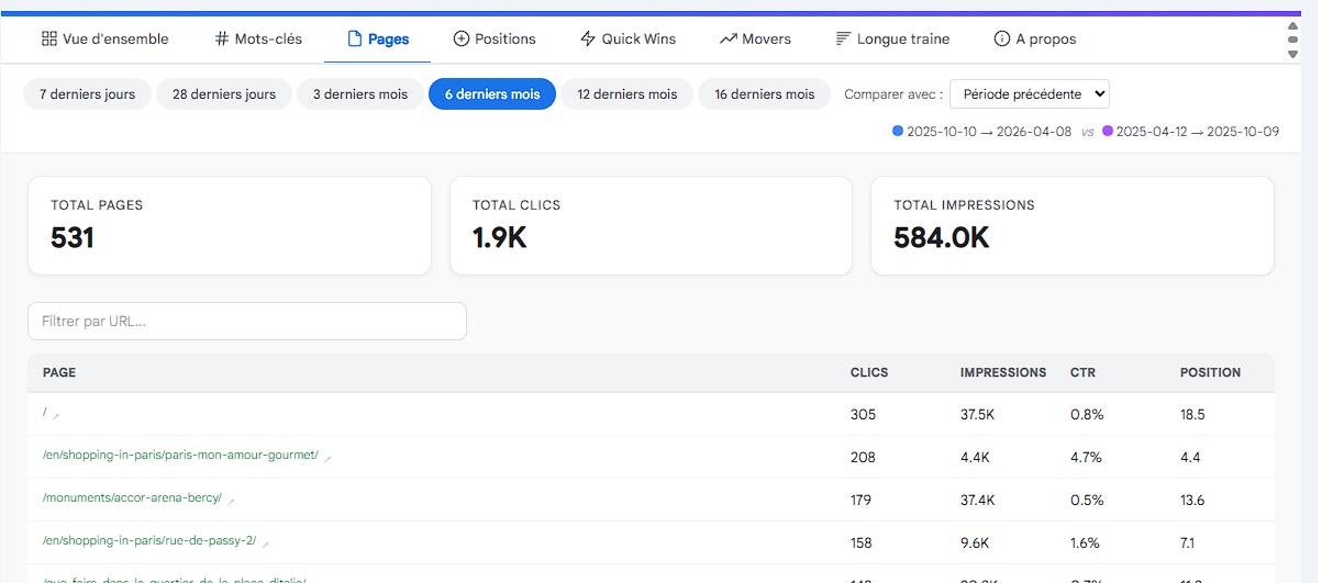 Performance par page - Classement des URLs par clics, impressions, CTR et position avec filtre