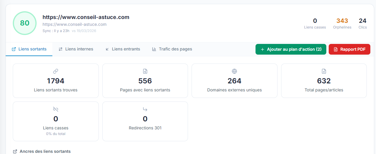 Score de sant&eacute; SEO /100 dans le crawler de SEO Pilote Pro